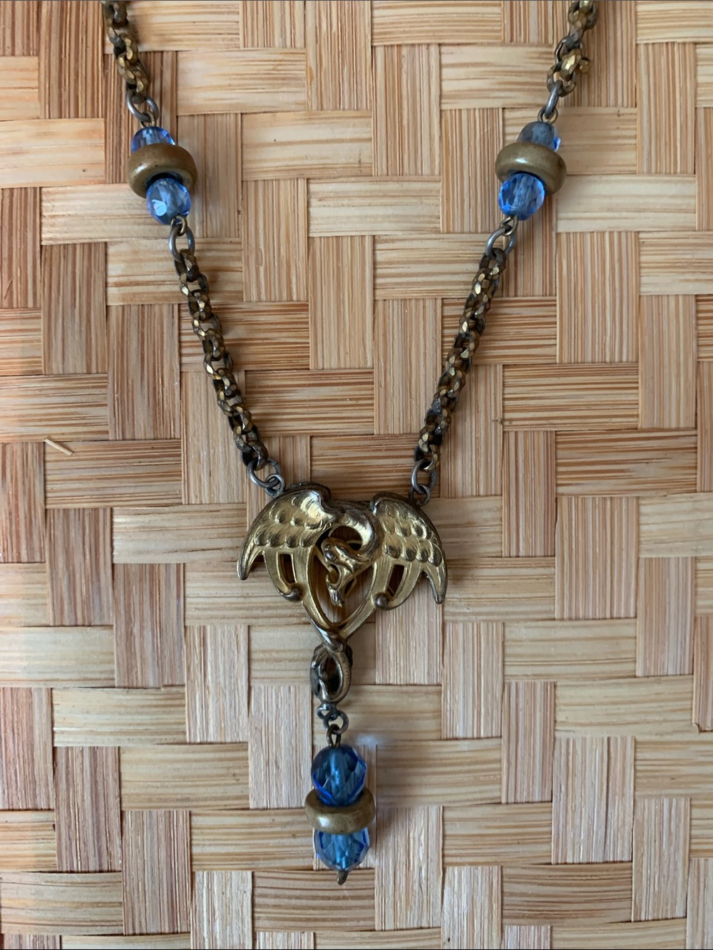 Vintage Gold-Tone PHOENIX Pendant Necklace with Blue Beads